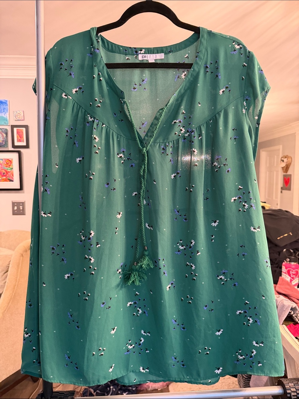 DR2 Emerald Green Floral Tie-Front Blouse